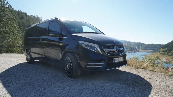 Our Mercedes V-Class above a mountain lake in western Serbia