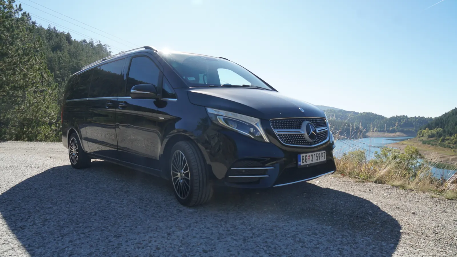 Our Mercedes V-Class above a mountain lake in western Serbia