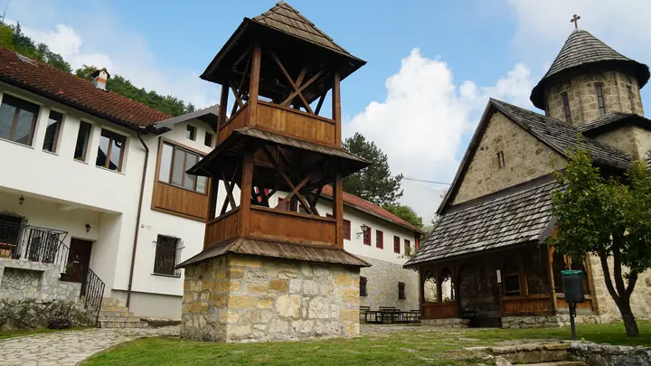 Wooden belfry of a monastery in the gorge