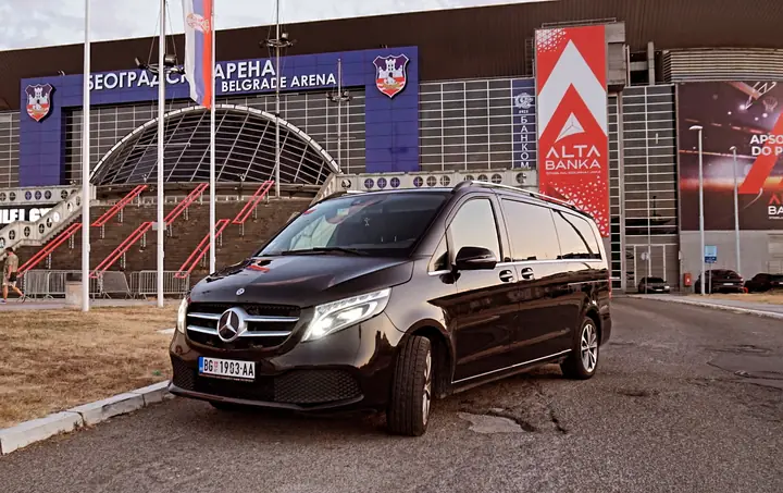 Mercedes V-Class at Belgrade Arena in the evening