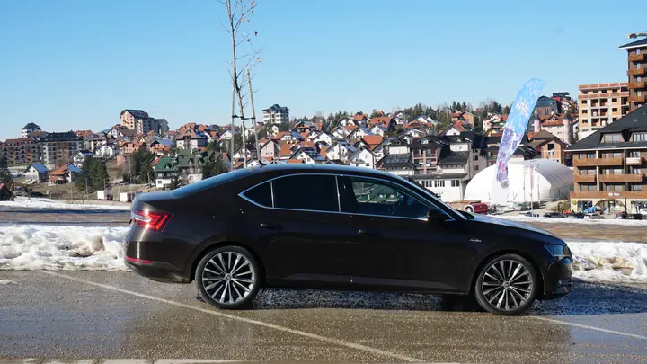 Our Škoda Superb in the centre of Zlatibor in winter