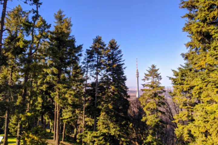 Avala Tower on the forested hill south of Belgrade